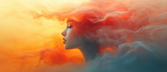 A woman’s silhouette framed by colorful swirling clouds at sunset