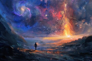 Man standing on a barren alien planet gazes up in awe at a swirling celestial nebula.