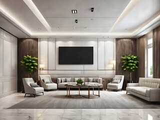 living room interior design with tv on the wall white wall white sofa and couple armchairs
