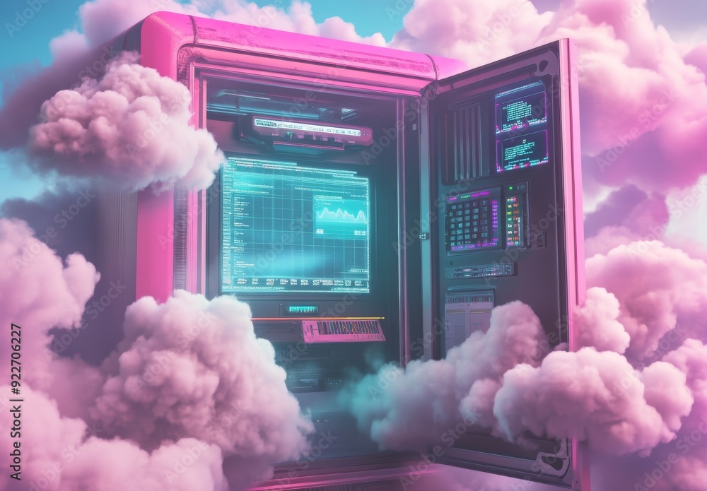 Poster futuristic cloud server technology concept with neon lights and data visualization
