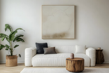 A minimalist living room with a cozy white sofa, wooden side table, and neutral decor. A large abstract painting hangs on the wall. A potted plant adds a touch of greenery to the serene space.