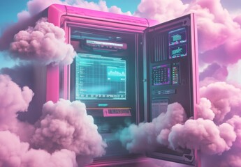 Futuristic cloud server technology concept with neon lights and data visualization
