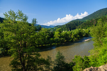 Fototapeta premium Beautiful landmark near the Borjomi with Kura river and mountain forest.