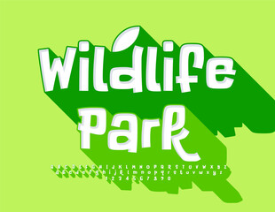 Vector eco template Wildlife Park. Bright 3D Font with Big Shadow. Funny Alphabet Letters and Numbers set.