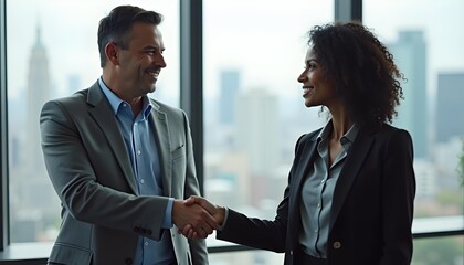 Fototapeta premium Middle-aged Caucasian man and middle-aged African American woman shaking hands in an office setting with a cityscape visible through the window
