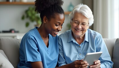 A young African American female nurse in blue scrubs smiling and looking at a tablet with an elderly Caucasian woman in a blue shirt