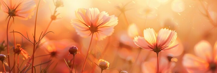 Delicate cosmos flowers illuminated by soft morning light, set against a warm amber sky with a gentle breeze.