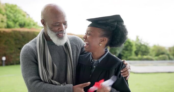 Black woman, graduation and hug dad at college for congratulations, smile or pride for learning achievement. Senior father, girl and happy family for success, diploma and goals at university campus
