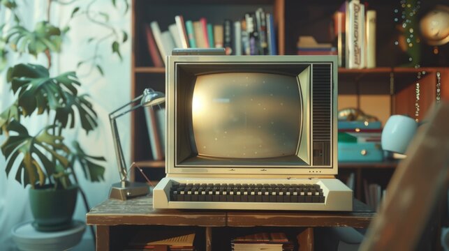 An old computer sits on top of a wooden table, with a vintage aesthetic
