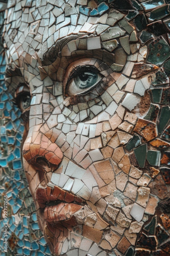 Poster Close-up image of a face composed of individual mosaic tiles, showcasing the intricate details and textures