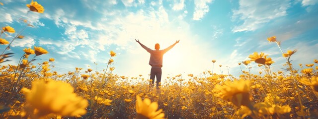 A man stands in the middle of an open field with his arms raised towards the sky