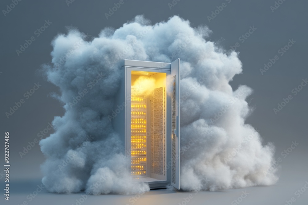 Aufkleber cloud server with open door surrounded by floating fluffy clouds and illuminated interior