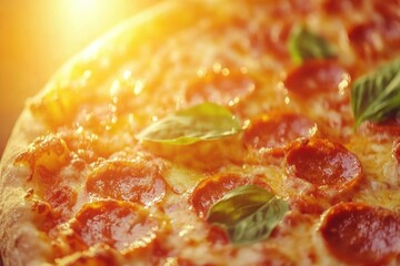 Close up of pizza with pepperoni and basil in golden sunlight-gigapixel-hq-scale-6_00x