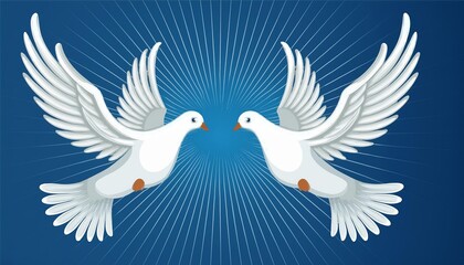 Obraz premium Two white dove fly on blue background. Template vector illustration greeting card