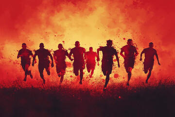 Dynamic silhouettes of football players charging forward against a fiery red backdrop