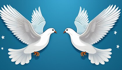 Obraz premium Two white dove fly on blue background. Template vector illustration greeting card
