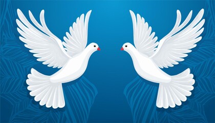 Obraz premium Two white dove fly on blue background. Template vector illustration greeting card