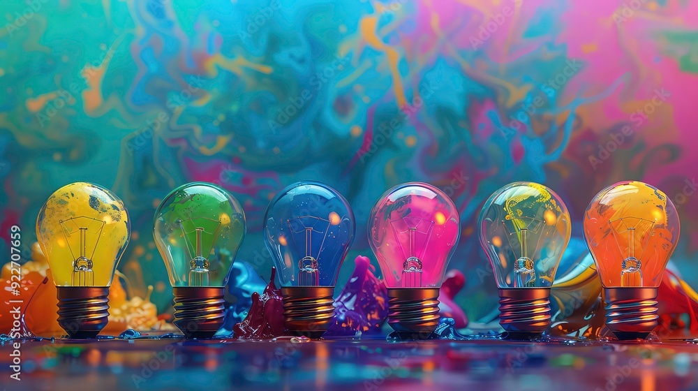 Aufkleber six light bulbs in different colors are arranged in a row, each coated with a different color of pai