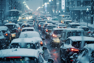 Fototapeta premium Traffic Jam During Heavy Snowfall in City Streets Amidst Winter Wonderland at Dusk