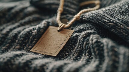 A sweater with a tag hanging from the neck, laid out on a bed