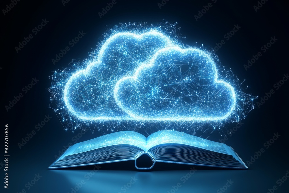 Poster digital cloud symbol above open book representing connected data and information technology
