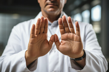 doctor in a white coat holds up both hands in front of him, palms facing outward, as if signaling to stop or indicate caution.