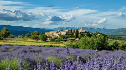Naklejka premium A serene landscape featuring lavender fields and a charming village under a blue sky.