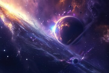 Obraz premium Glowing Exoplanet with Rings in a Colorful Nebula