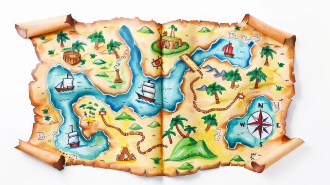 A treasure map for kids, cartoon style, colorful and engaging, X marks the spot, isolated on white background