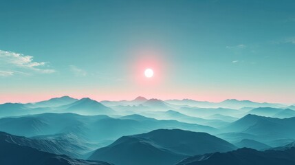 Pink sun rising over endless mountain ranges with turquoise sky