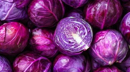 Fototapeta premium A stunning and vibrant display of vibrant purple cabbages, showcasing their rich color and incredible freshness