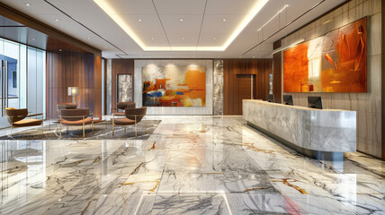 A spacious and elegant office entrance hall with pristine marble floors, stunning modern art, and a...