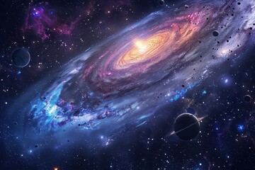 Obraz premium Colorful spiral galaxy with stars and planets in deep space
