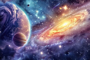 Naklejka premium Planets and stars in the vastness of space create a beautiful cosmic landscape.