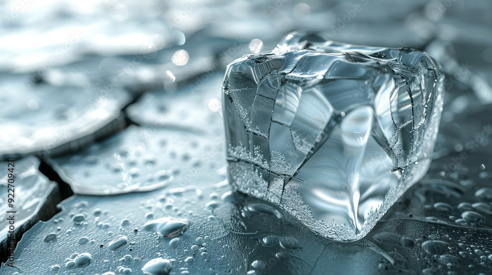 Poster a close-up view of a clear ice cube resting on a wet metallic surface with droplets
