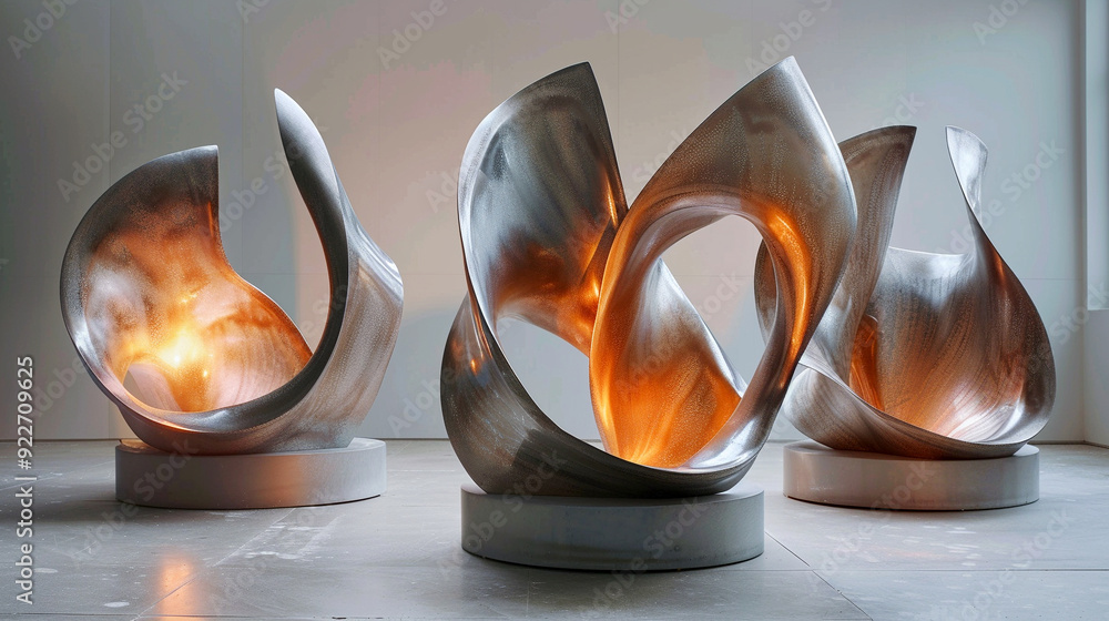 Poster Three abstract metal sculptures illuminated from within, showcasing dynamic forms in a gallery setting