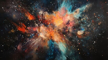 Naklejka premium Abstract Painting Depicting a Cosmic Nebula with Bright Colors and Glittering Stars