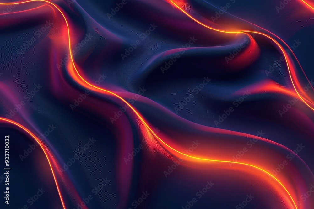Poster abstract waves of smooth dark fabric with vibrant glowing orange lines creating a dynamic and flowin