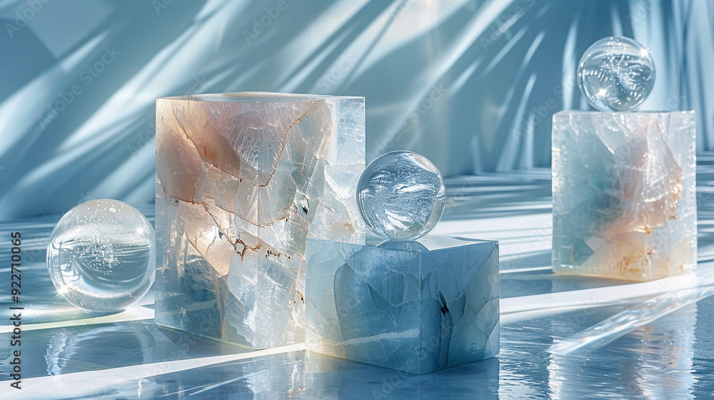 Poster translucent cubes and spheres reflecting light in a serene studio setting