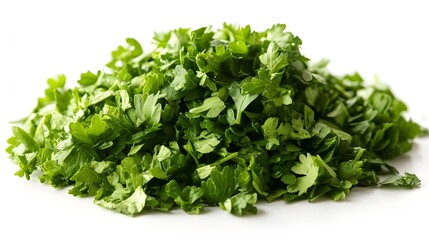 Obraz premium Chopped Parsley in Wooden Bowl on White Background, Generative AI