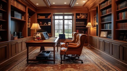 A Luxurious Home Office with Built-In Bookcases and Leather Chairs