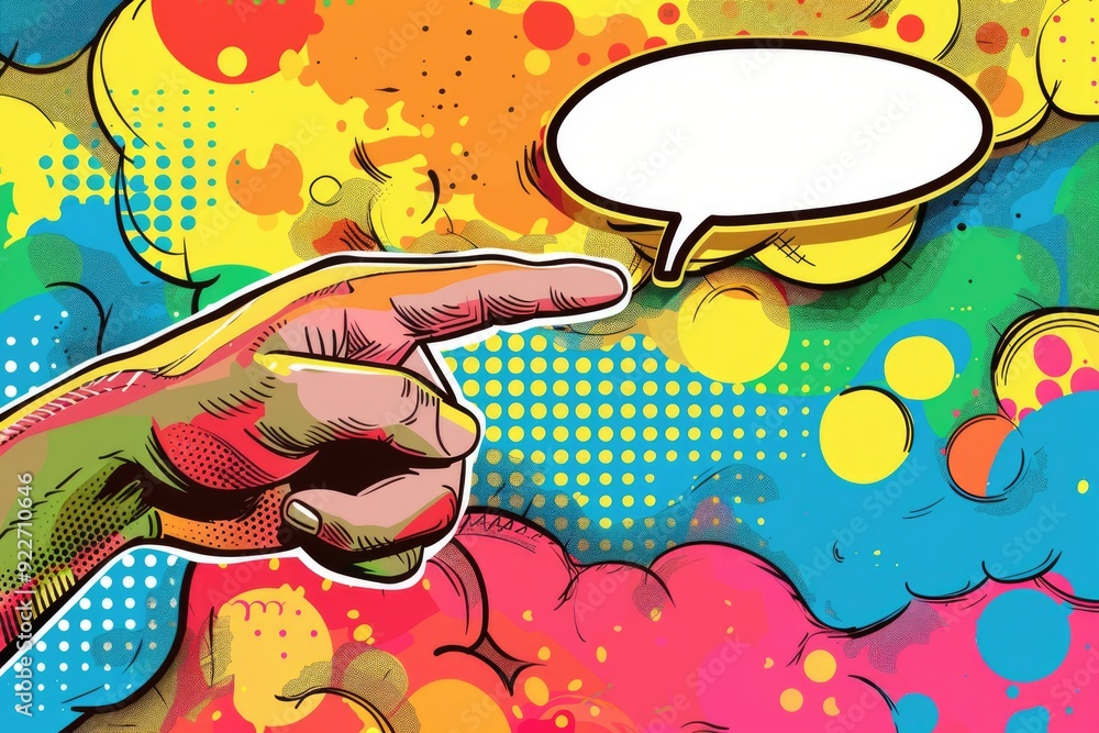 Poster a hand gesturing towards a speech bubble on a bright colored background, suitable for illustrations 