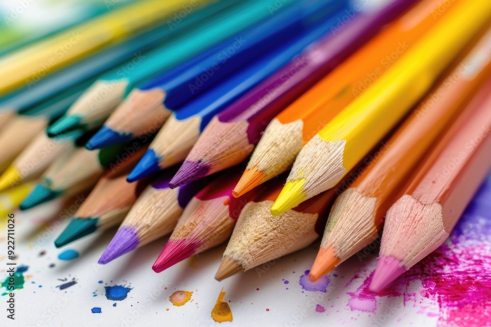 Poster a close-up view of a variety of colored pencils arranged neatly