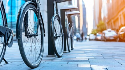 A bicycle-sharing station in a busy urban area, encouraging sustainable transportation