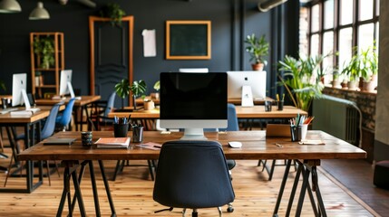 A modern office space featuring desks, computers, and plants for a productive environment.