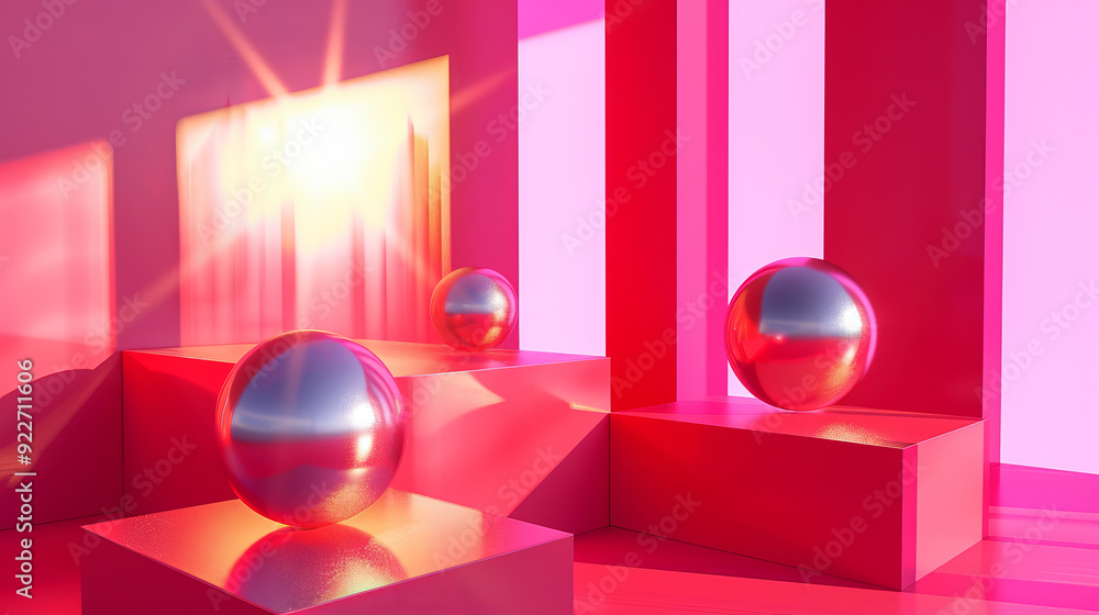 Poster illustration of geometric shapes and forms of shiny spheres on square platform near wall in red and 