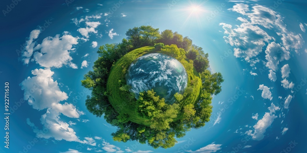 Poster A small planet with trees and clouds in the background