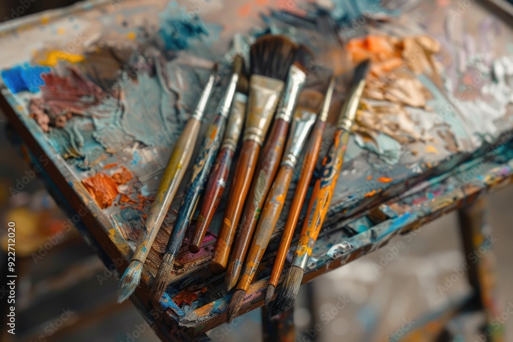 Poster close-up view of paint brushes on a table, suitable for artistic and creative projects
