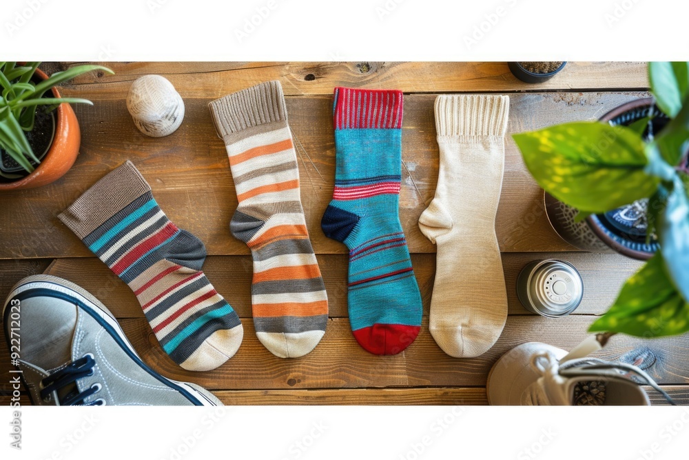 Aufkleber three pairs of colorful socks placed neatly on a wooden table