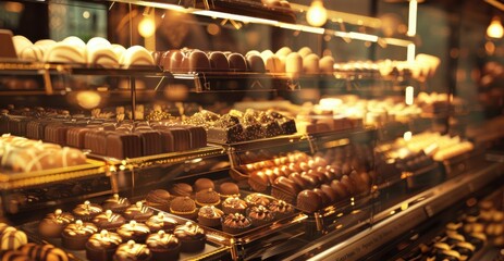 An enticing display of chocolates in a case, featuring a variety of shapes, flavors, and colors, perfect for any sweet tooth.